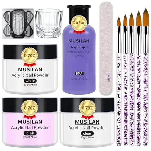 MUSILAN Acryl Nagelset, 3 Farben Rosa Klares Weiß Acrylpulver für Nägel mit Professionelle Acrylflüssigkeit Acrylnagelbürsten Nagelformen für Anfänger Nagelexperten DIY Nail Art Design Acryl Liquid