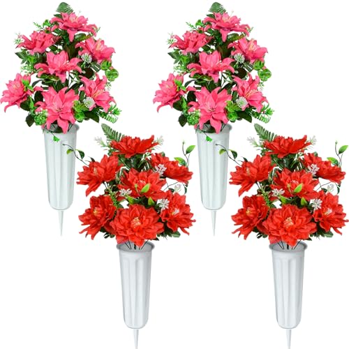 SIFOEL Künstliche Friedhofsblumen, Satz von 4 künstlichen Grabdenkmal Blumen mit Vase für Friedhof Grabstätte Friedhof im Freien Dekoration (Rot)