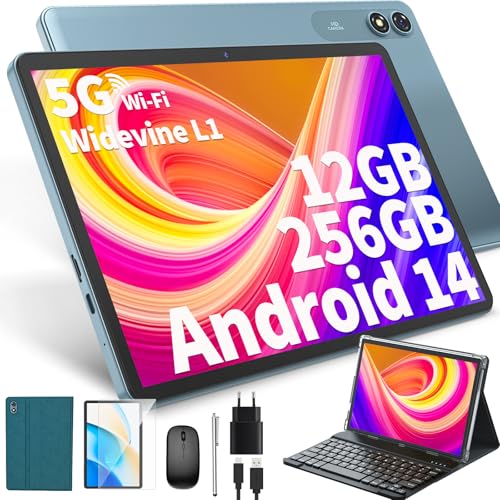 JJGJ Android 14 Tablet mit Tastatur, 10 Zoll mit 12GB+256GB, 1TB Expand, 8-Core, 8000mAh, 5G WiFi, Widevine L1, GMS, Gesichtserkennung, 2 in 1 Tablet mit Tastatur, Maus, Stylus(Grün)