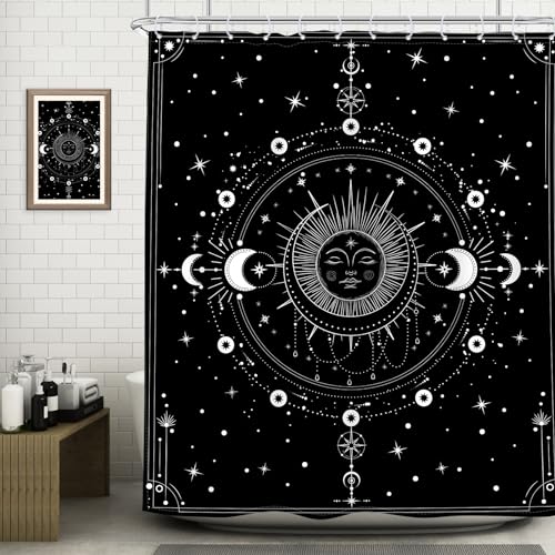 Riyidecor Mond-Duschvorhang, 152 x 183 cm, schwarz, Astrologie, himmlische Hexe, Gothic, Mysteriöser Boho, Sternenhimmel, Nacht, Sterne, Sonnenphase, Badezimmer-Dekor-Set, Stoff, 12 Stück