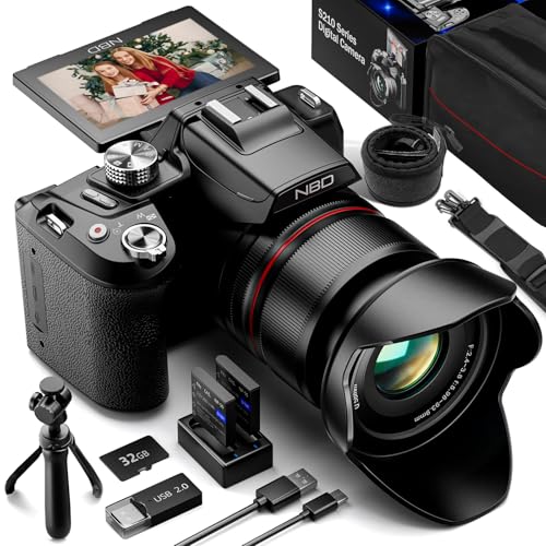 NBD 5K Digitalkamera 64 MP mit 16X optischem Zoom & Autofokus, 3" 180° Drehdisplay, WiFi/HDMI – inkl. 32GB Karte + Reinigungsset(Schwarz)