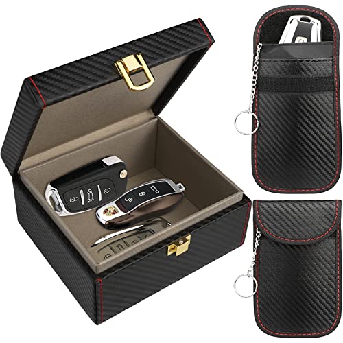 Keyless Go Faraday Box & Bags (2 Schwarz) Strahlenschutz Keyless Go Schutz Box mit 2 Stück Signalblockiertasche, 5–7 Autoschlüssel, Abschirmung RFID Autoschlüssel Safe Hülle, 140 * 123 * 74 mm