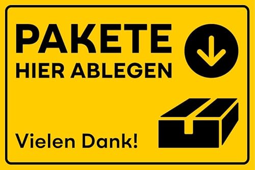Aufkleber Ablageort Info Postbote „Pakete hier ablegen“ Hinweis Folie selbstklebend Gelb | 5-30cm Made in Germany, Größen Name: 10x15cm