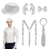 Outfit Herren,Glitzer Accessoires Herren,Pailletten Zylinder Hut Hosenträger,Pailletten Hosenträger Set,Glitzer Fliege und Hosenträger, 70er Jahre Glitzer für Fasching Party Jazz Dance Performenc