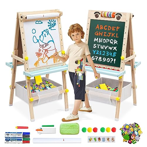 Kinder Spiel Tafel aus Holz|Verstellbare Doppelseitige Whiteboard und Tafel-Staffelei mit Buchstaben und Zahlen und Anderem Zubehör für Kinder und Kleinkinder