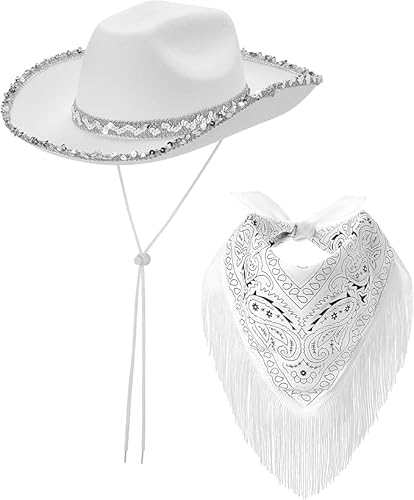 Damen Pailletten Cowgirl Hut & Fransen Bandana Set - Funkelndes Western-Accessoire für Musikfestivals, Junggesellinnenabschiede & Kostüme (Weiß)