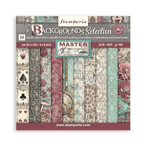 Stamperia - Scrapbook Paper Pad for Scrapbooking, Albums, Cards, Bullet Journals, and More, Acid Free, Double-Sided, Perfect for Crafts and Gifting (Master of Magic, Backgrounds) (20.3 x 20.3cm)