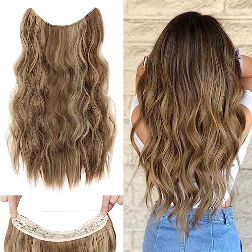 Silk-co Haarverlängerung mit Gummiband, Einstellbar Secrets Haarteil Synthetik, Extensions mit Schnur und Clips, Lange Gewellt Extensions für Frauen, Hellbraun Highlights Blond 50cm