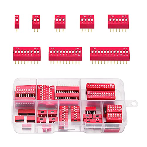 VooGenzek 40 Stück 1 2 3 4 6 8 10 12 Pin Zweireihiger DIP-Schalter, 2.54mm Rutschtyp Roter Kippschalter, für Schaltkreis-Breadboards PCB (Rot)