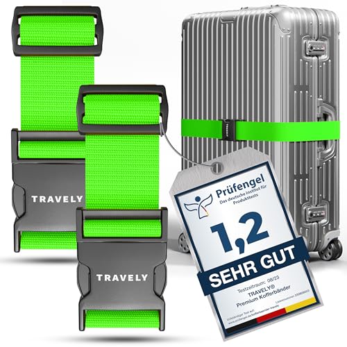 Travely® Premium Koffergurt - Besonders Auffällig & Sicher - Inkl. 2 Namensschildern - Gepäckband ideal über Kreuz - [2er Set] - Grün