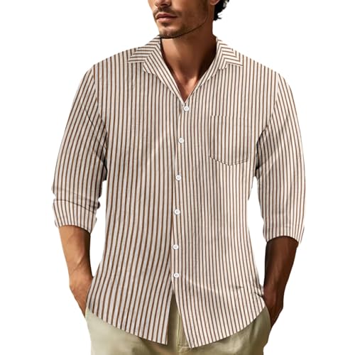 Duohropke Herren-Hemd Seersucker-Kleiderhemden Langarm Sommer Gestreift Freizeithemden Leinen Shirt Regular Fit Freizeit Strandhemd