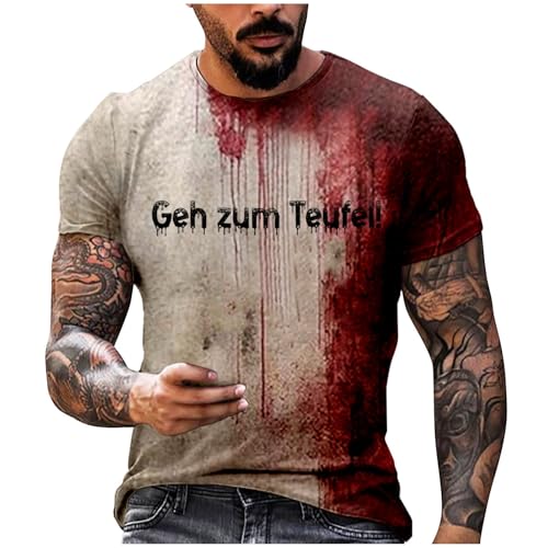 WKAYsIV Tops Herren Ausgefallen mit Halloween-Motiv und Blut-Grafik in Übergröße für Männer mit Aufdruck in Volltonfarbe und kurzen Ärmeln Unterhemd Herren Spitze(Beige L)