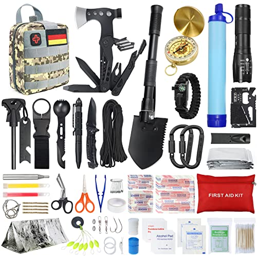 Außen Notfall Survival Kit mit Erste Hilfe Set, WayinTop 180PCS Survival Ausrüstung mit Wasserfilter Stroh Multi-Tool Hammer Axt, Geschenke für Männer Camping/Abenteuer/Wandern im Freien (Bunt)