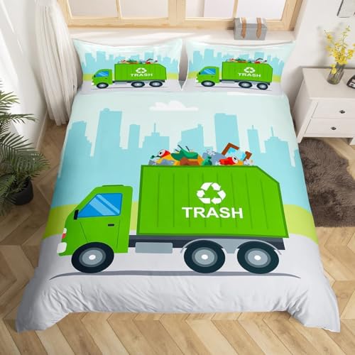 Sezhiqeu Müllabfuhr-Fahrzeug Bettwäsche 135x200, 3D Muster Weich Kuschelig Mikrofaser Bettwäsche Set Cartoon-Autos Bettbezug + 2 Kissenbezug 80x80 cm mit Reißverschluss A4643