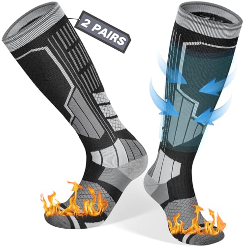 Reamphy 2 Paar Skisocken Merino Wollsocken Thermosocken für Herren Damen, Atmungsaktiv Kompressionsstrümpfe Warme Stützstrümpfe Kniehoch Dicke Kompressionssocken für Wintersport, Snowboard, 39-42