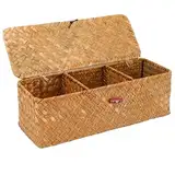 32.5x12x11cm Natürliches Aufbewahrungskorb, Seegras Korb Aufbewahrung, Natürliche Geflochtene Rechteckig Korb, Rattan Korb mit Deckel 3 Fächern, Körbchen Aufbewahrung für Schlafzimmer Badezimmer
