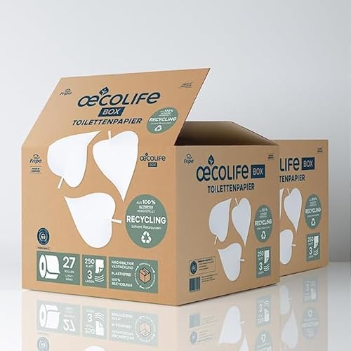 oecolife Toilettenpapier Box RECYCLING, 3-lagig, 54 Rollen x 250 Blatt, Großpackung, superweich, nachhaltiges Klopapier, wc papier ohne Plastikverpackung, wiederverwandbar