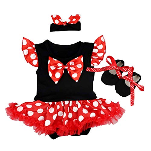 FYMNSI Baby Mädchen Erste Halloween Outfit Mouse Kostüm Vintage Gepunktet Prinzessin Tütü Body Kleid + Schleife Stirnband + Schuhe 3tlg Party Weihnachten Geburtstag Bekleidungsset Rot 3-6 Monate