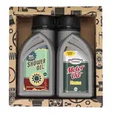 Lustapotheke® Geschenkset für KfZ Mechaniker oder Hobby Schrauber - 2x Duschgel für Männer im Motoröl-Design 2 - Retro mit Namen