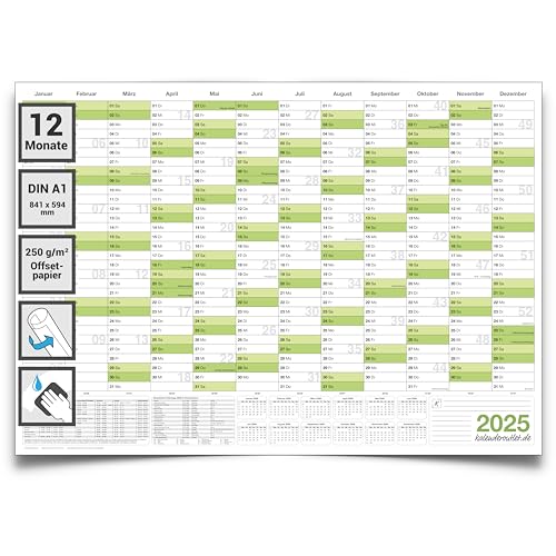 Kalenderoutlet DIN A1 abwischbarer Wandkalender 2025 gerollt 84,0x59,0 cm groß. Kalender Wandplaner ist feucht korrigierbar, Jahresplaner in deutscher Sprache