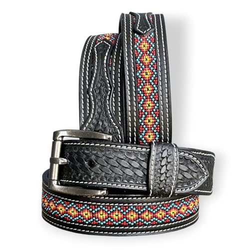 DANIEL'S ARTPLANET Westerngürtel für Herren, handgefertigt, Vollnarbenleder, mit Perlen, Cowboy-Gürtel mit abnehmbarer Schnalle, 3,8 cm, Schwarz, 48 (fits size 46 jeans)