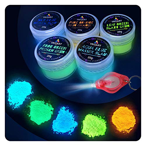 Tritart Fluoreszierendes Pulver Selbstleuchtend | 5 x 20g Nachtleuchtende Pigmente | Leuchtpulver Set mit GRATIS UV Lampe