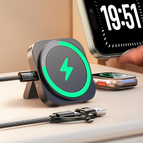 LISEN Induktive Ladestation für Apple Watch Und iPhone [Super Tragbar] Magsafe Ladegerät,Reisen Wireless Charger für iPhone Magsafe Stand 2024 iPhone Apple Ladestation Fit iPhone 16 Watch Airpods