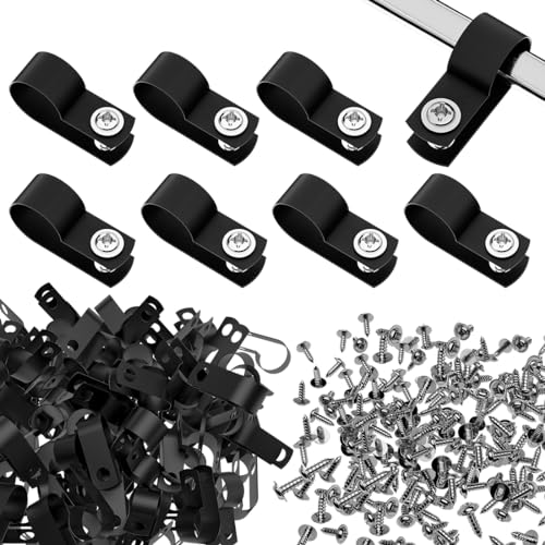 BTF-LIGHTING 100pcs Schwarz 1/4 Zoll R-Typ Nylon Kunststoff Kabelklammern mit Edelstahl-Schrauben für den Innenbereich im Freien elektrische Kabelklemme Veranstalter Kabelmanagement