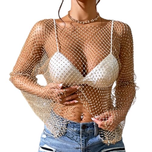 ABEHIK Damen Sexy Netzoberteil mit Strasssteinen Durchsichtige Fischernetz Pullover Y2K Cover Up Kost�me f�r Karneval Musikfestival Clubwear golden M