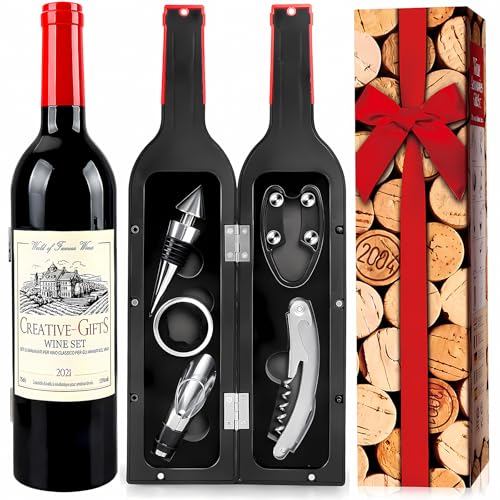 Weinflasche Geformt Korkenzieher Set,5 Stück Weinkorkenzieher-Set,Weinzubehör Geschenkset,Weinöffner Set,Wein Sommelier Sets mit Flaschenöffner,Weinverschlüsse (red bottle001)