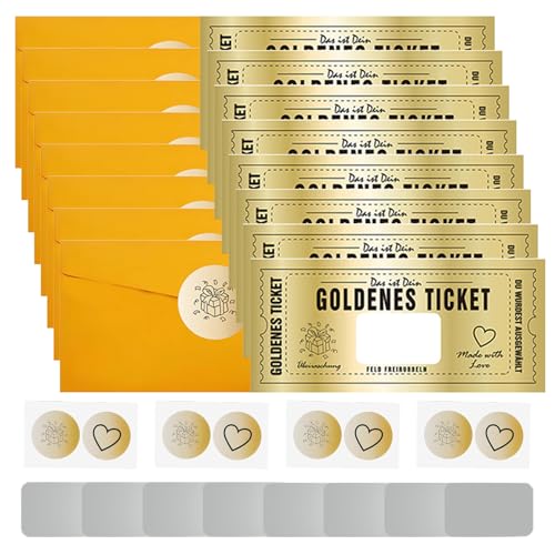 Xmart Goldenes Ticket 8 Stück Gutschein Zum Selber Ausfüllen Golden Ticket set Rubbellose Selber Machen überraschungsgeschenkgutscheine fur Familie und Freunde Zum Jubiläum Kinogutschein