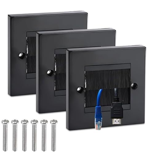 ADERTOS 3 Stk Bürstenwandplatte Kabel Durchgang Wandauslass Kabel Eingangsplatte Kabeldurchlass Wandplatte Schwarz Wandauslassdose Unterputz Unterputzdose Deckel mit Brush-Borsten für Multimedia Kabel