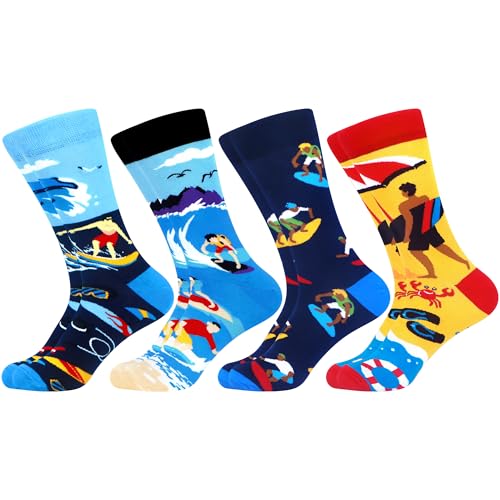 WeciBor Herren Lustige Bunte Socken mit Motiv, 4 Paar Mehrfarbig Surfer, Größe 43-46