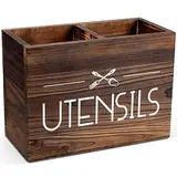 PUERSI Holz küchenutensilienhalter, Utensilien-Organizer für Arbeitsplatte, rustikales Holz für Bauernhaus-Küchendekoration, Bauernhaus-Utensilien-Caddy mit 2 Fächern (Braun)