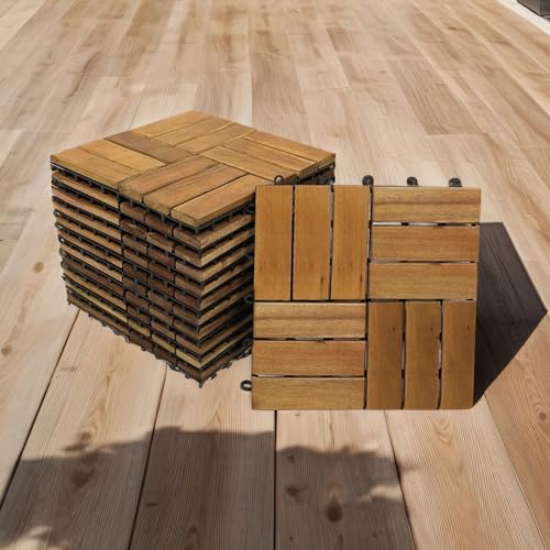 SAM 11er Set Holzfliese 02 | Akazienholz massiv + geölt | 11 Fliesen für 1m² | 30 x 30 cm | Bodenbelag mit Drainage | Balkonfliesen/Terrassenfliesen/Klickfliesen