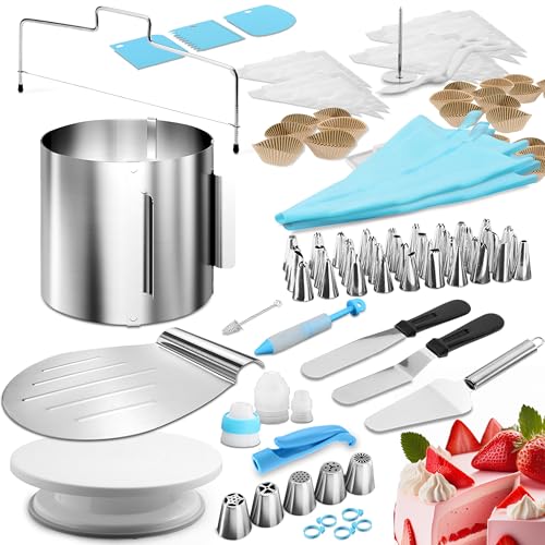 4smile Torten-Zubehör-Set 144 Teile - Tortenring verstellbar hoch 15 cm + Tortenschneider + Tortenheber + Streichwerkzeug + Tortenplatte drehbar + XXL Torten-Deko Set