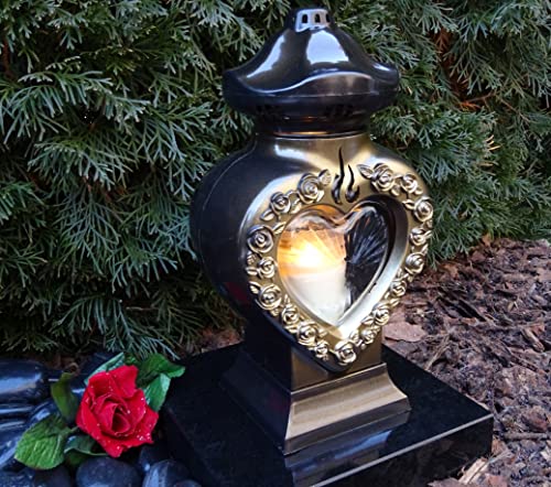 Grablaterne Grablampe Grableuchte Rosen Herz Bronze Grabschmuck inklusive Grablicht Kerze Lampe Laterne Licht Trauer Liebe Friedhof Grabstein