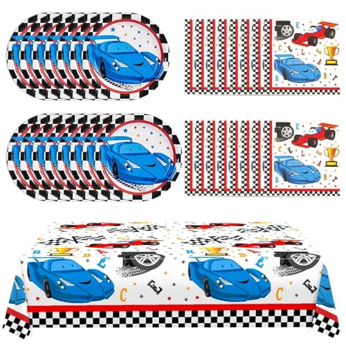 WERNNSAI Rennwagen Partyzubehör Set – karierte Rennwagen Teller Servietten mit Tischdecke Party Dessert Geschirr Set für Kinder Jungen Geschenkpaket für die Rennparty Dekorationen für 16 Gäste