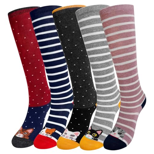 LOFIR Mädchen Kniestrümpfe Kinder Socken: Overknee Strümpfe Lang Gestreift Kindersocken Tier Baumwolle Socken Bunt Ringelsocken Lustige Ohne Naht Kniesocken Geschenk 10-12 Jahre Katze 35-38 5 Paar