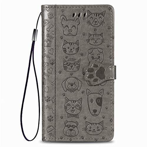 Rnrieyta Miagon PU Leder Brieftasche Hülle für Honor 90 Lite,Katze Hund Tier Prägung Design Flip Tasche Standfunktion Cover mit Karten Slot Magnetverschluss,Grau