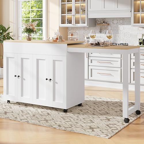 Ymkua Ausziehbarer Bartisch mit Stauraum, Ausziehbarer Esstisch mit 6 Ablageflächen Stehtisch und 2 Türen, Küchentheke Bartheke mit Seitliche Regale für Küche, Esszimmer 118-180×50×94cm (Weiß)
