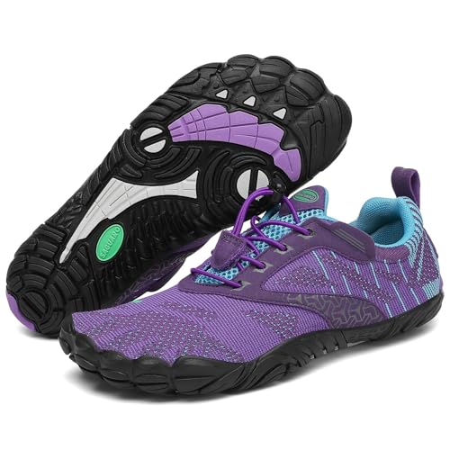 SAGUARO Barfußschuhe Damen Wassersportschuhe Herren Traillaufschuhe Laufschuhe Atmungsaktiv Straßenlaufschue Wasserschuhe Strandschuhe Frauen Schnell Trocknend Zehenschuhe rutschfest Violett 38 EU