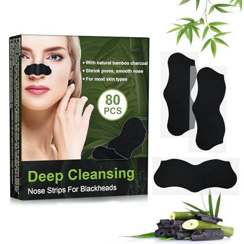 Robofun Mitesserentferner Stripes, 80 Stück Natürliche Bambuskohle Mitesser Strips, Nose Strips Blackhead, Zum Entfernen von Mitessern und Zum Freimachen verstopfter Poren für Männer und Frauen