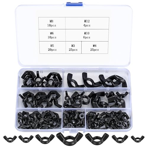 100 Stk Flügelmuttern Sortiment Kit, Kohlenstoffstahl Flügelschrauben, Schmetterlingsmutter Wing Nut Kits für Heimwerker DIY Tools elektronische Geräte Hardware, M3/M4/M5/M6/M8/M10/M12(100 schwarz)