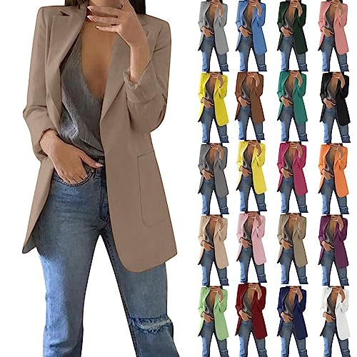 Blazer Damen Elegant Langarm Einfarbig - Longblazer Mit Tasche Revers Blazermantel Geschäft Büro Anzugjacke sportlich Sakko Jacke Freizeit Businessjacke Übergangsjacke Cardigan für Arbeit