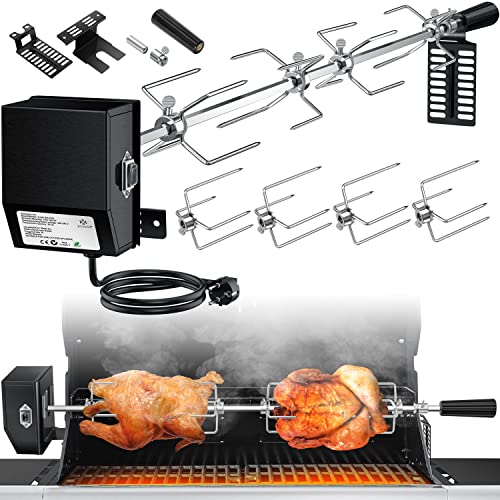 KESSER® Edelstahl Grillspieß Set 107cm passend für Weber Spirit Gasgrill mit 4X Fleischnadeln BBQ Fleischklammer, Griffstück und Motor Elektrischer Drehspieß 220V - 240V, Schwarz