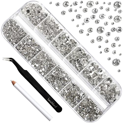 Beadsland 2500pcs Glas Nailart Strasssteine Kristall Flatback Edelsteine Runde, ​​für Handwerk Gemischt 8 Größen SS4 ~ SS30 mit Picking Pinzette und Stift (Kristall Weiss)