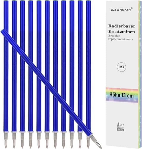 [12er Set]- LVZONGXIN Ersatzminen blau, Kompatibel Mit Legami,0,7mm Radierbare Tintenroller, Höhe 13 cm, mittlere Stärke – Gel-Tintenrollermine (Blau)