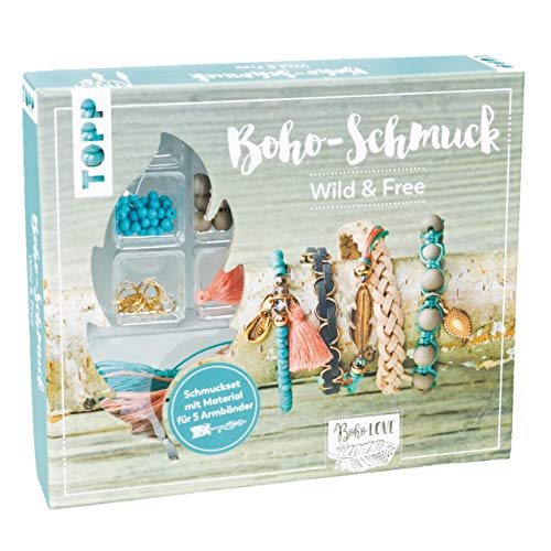 Boho-Schmuckset Wild & Free (Türkis/ Lachs): Anleitung und Material für 5 Armbänder im Boho Look zum Selbermachen. Bänder, Biegeringe, Perlen und Anhänger. Nickelfrei