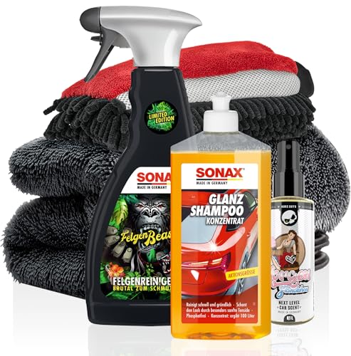 Autowäsche Set - SONAX: Autoshampoo Konzentrat, Felgenbeast Felgenreiniger - Detailmate: Trockentuch, Waschhandschuh - Nuke Guys Lufterfrischer Duftspray - Autoreinigungsset Aussen